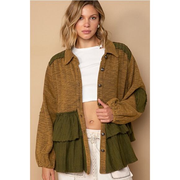POL Olive Size Medium Button Down Ruffled Cut Sew Sweater Panels Knit Top - Picture 1 of 4